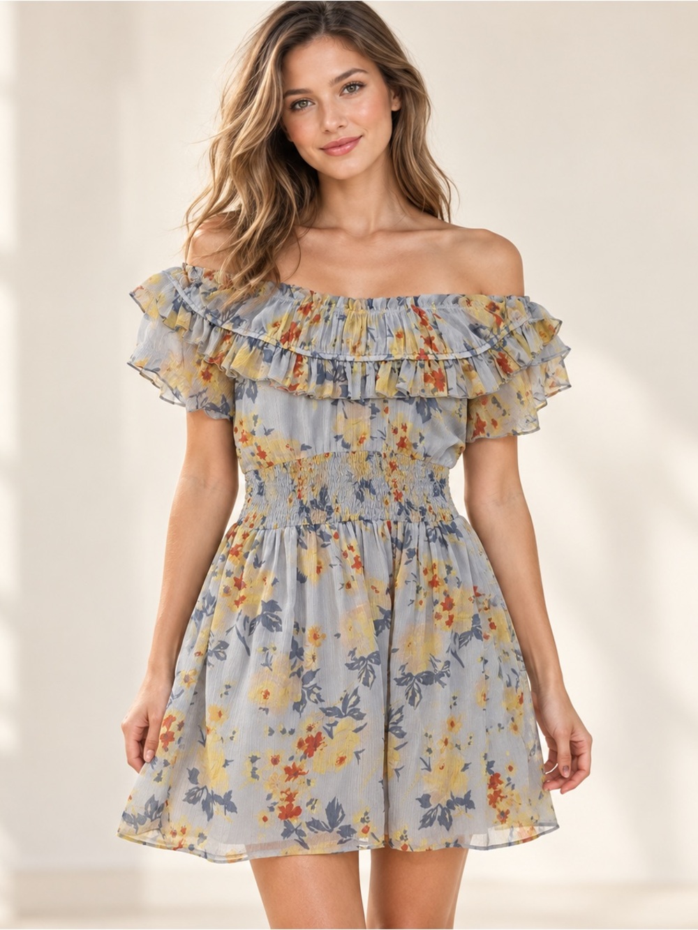 ASOS Floral Off Shoulder Ruffle Smocked Waist Mini Dress Size 4